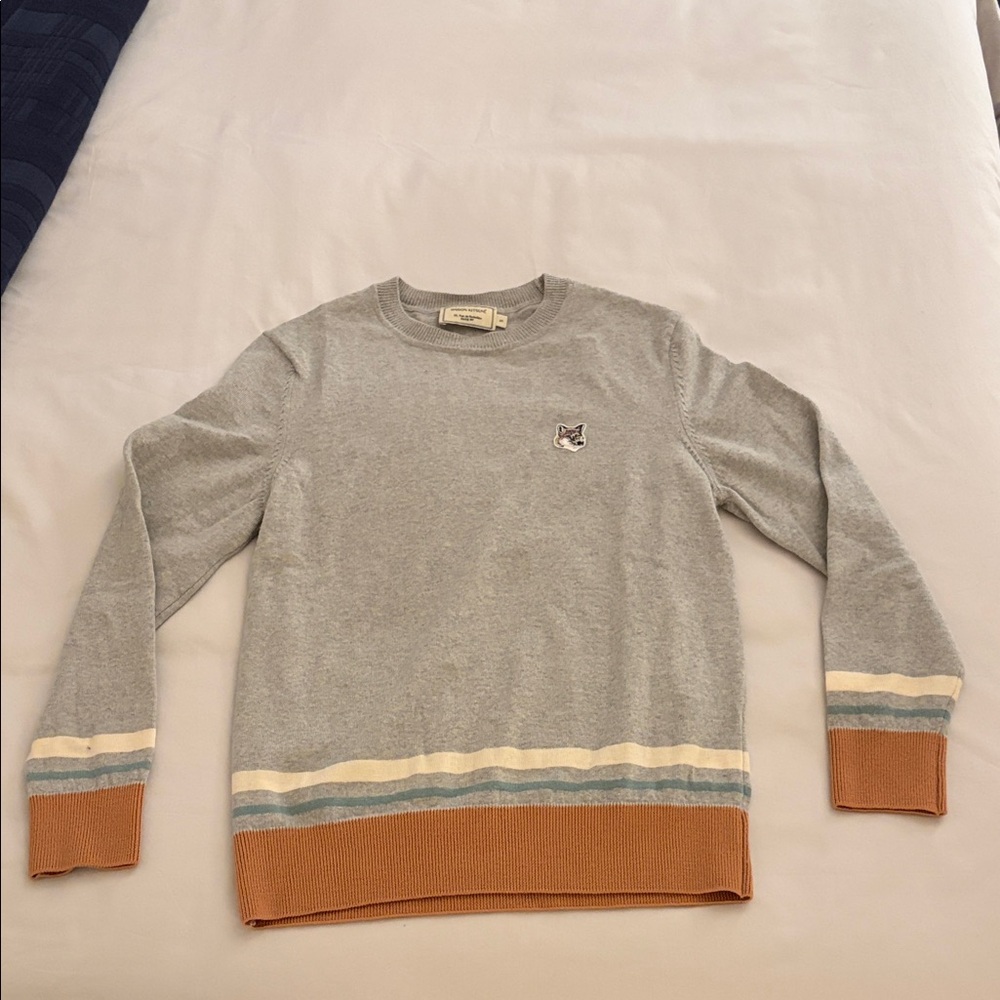 MAISON KITSUNE Gray and Tan Crewneck Sweater